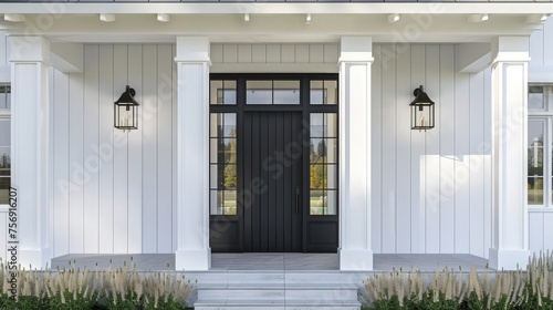 Front door of a modern farmhouse. The house s exterior has white vertical wood paneling and a black front entrance. Columns and sconce lamps on each side of the door