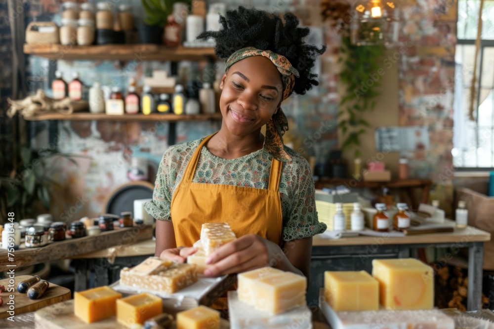 African American woman arranging handmade soap in a craft shop. African American woman arranging handmade soap in a craft shop.