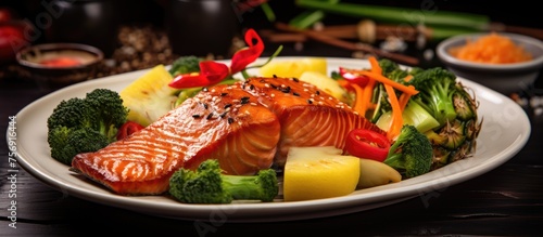 A dish featuring a white plate with a delicious combination of salmon, vegetables, and garnishes on a wooden table. This healthy seafood recipe showcases fresh produce and nutritious ingredients © TheWaterMeloonProjec