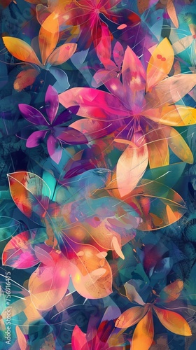 Abstract colorful floral design with vibrant hues and layered leaf patterns