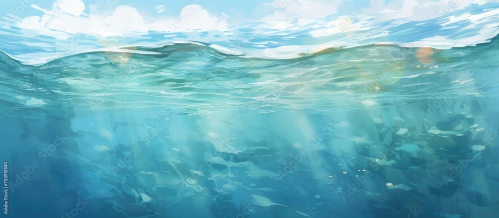 The sunlight filters through the liquid in the ocean, creating a serene underwater painting of aqua hues. The sky above is reflected in the calm water