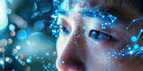 Wallpaper Mural Artificial intelligence head, human face integrated with future technology AI, sensors dangers eye scans scanning body, generated ai Torontodigital.ca