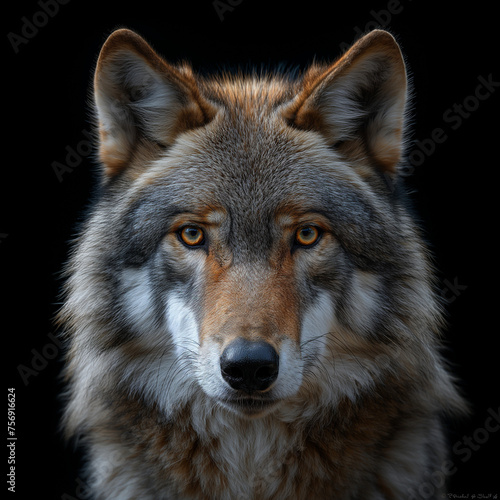 Gray wolf in winter snow, wild canine predator with piercing eyes and fur