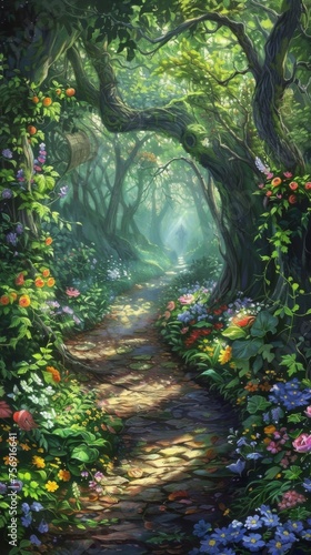 Enchanted forest pathway with blooming flowers and dappled sunlight