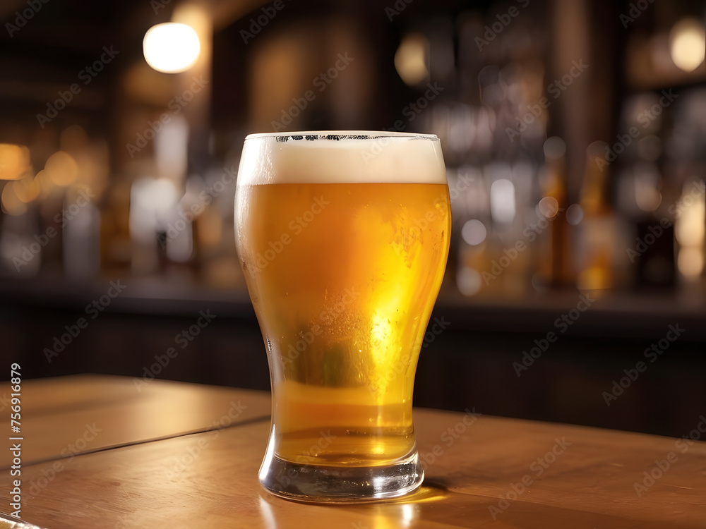 glass of beer on wooden table in a bar blurred background glass of beer on wooden table in a bar blurred background