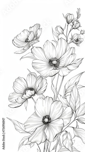 Black and white pencil illustration of blooming flowers