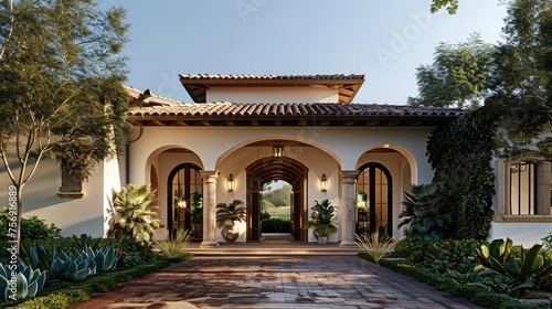 The front door and entrance to a luxury farmhouse-style villa Landscape with a magnificent country home  a big lawn with a clear blue sky Landscape with large country house