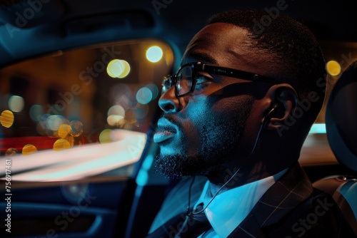 Young professional on a business call in a luxury car, focused and determined. © Postproduction