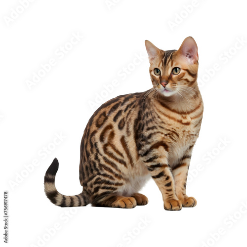 Bengal cat sitting and loking away isolated on PNG transparent background