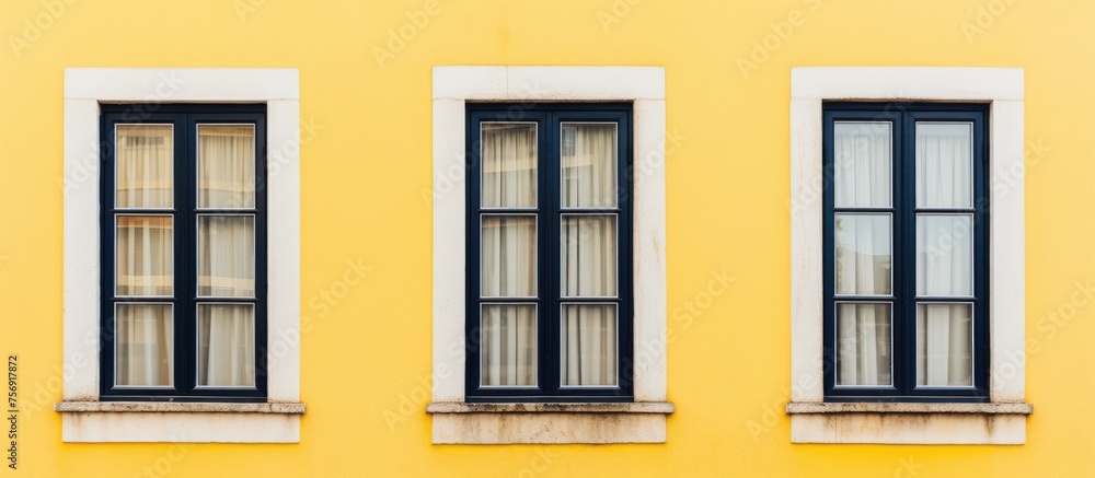 Three rectangular windows with amber tints are fixtures on the symmetrical facade of a yellow building with white trim. The composite material used for the windows adds to the overall aesthetic