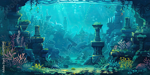 Video game underwater graphics, level design background, coral reef retro vintage gaming backdrop, anime water, generated ai photo