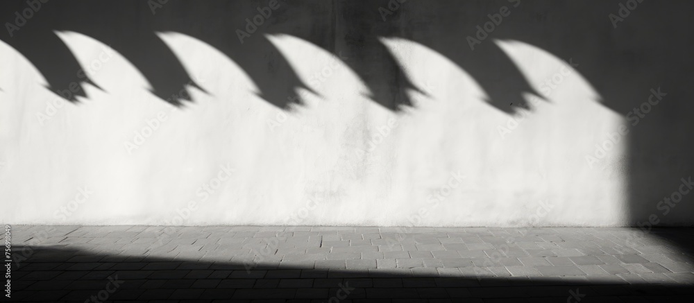 A blackandwhite photo captures the atmospheric phenomenon of a saw blade casting a shadow on a grey wall, creating a striking image with a unique style