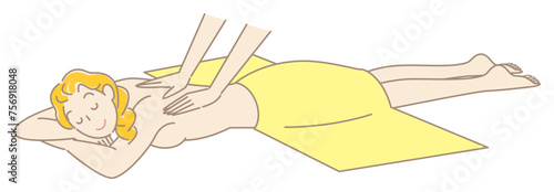 うつ伏せに寝てマッサージを受けている裸の可愛い女性 シンプル イラスト ベクター Cute naked lady lying on her stomach receiving a massage. Simple Illustration Vector