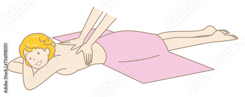 うつ伏せに寝てマッサージを受けている裸の可愛い女性 シンプル イラスト ベクター