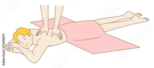 うつ伏せに寝てマッサージを受けている裸の可愛い男性 シンプル イラスト ベクター