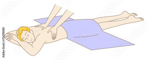 うつ伏せに寝てマッサージを受けている裸の可愛い男性 シンプル イラスト ベクター