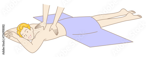 うつ伏せに寝てマッサージを受けている裸の可愛い男性 シンプル イラスト ベクター