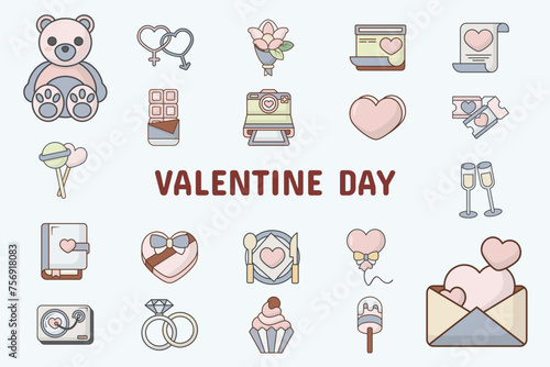 Valentine Day Lineal Color Vector Illustration Icon Sticker Set Design Materials