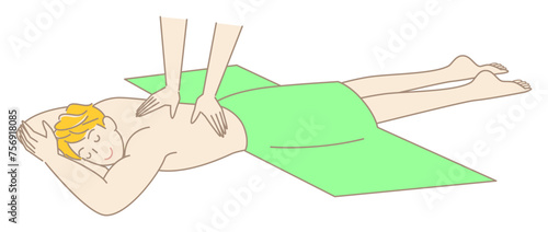 うつ伏せに寝てマッサージを受けている裸の可愛い男性 シンプル イラスト ベクター