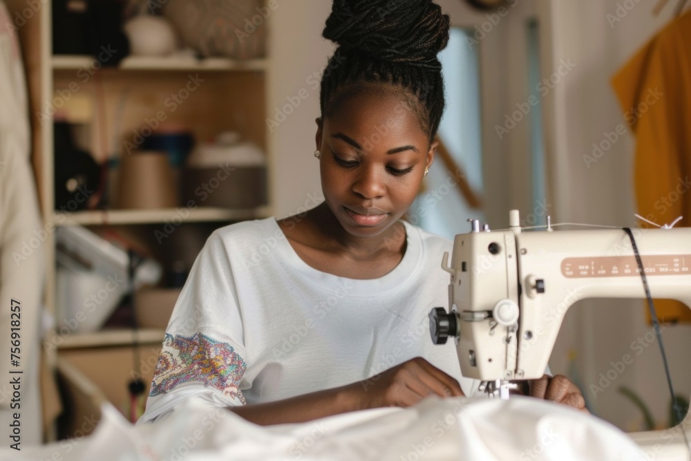 African American woman attentively sewing on a machine in a well-lit room.