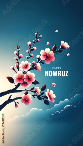 Illustration for nowruz with a branch of a blossoming tree with pink flowers.