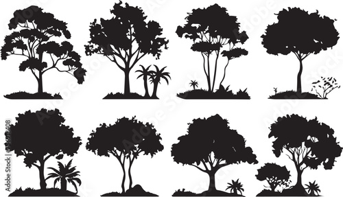 Set of Black silhouettes Trees isolated on white background