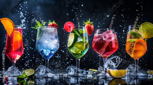 Dynamic image of various colorful cocktails with splashes and flying ice cubes, garnished with fresh fruit against a dark background