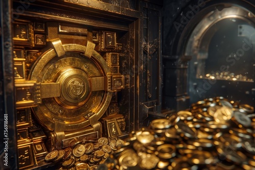 a bank vault, filled with gold bars and coins