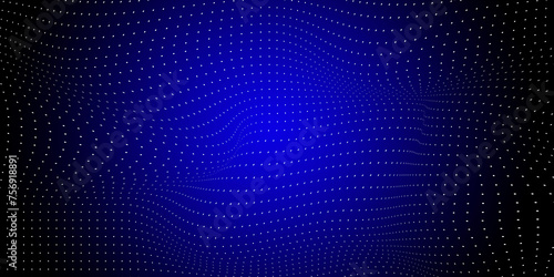 backdrop design Dark blue. Mesh wave pattern and moving dots on a dark and glowing background. Digital science and modern technology. © sutthichai