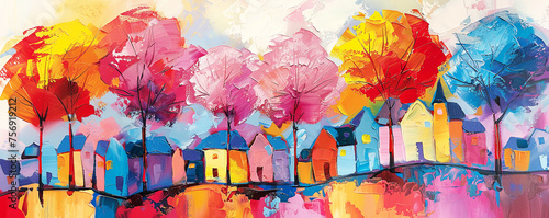Colorful trees . Art horizontal banner with cozy street, cute houses.