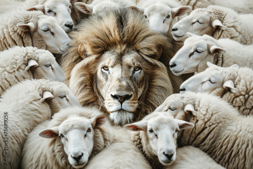 Sheeps with a lion leadership. A conceptual collage.