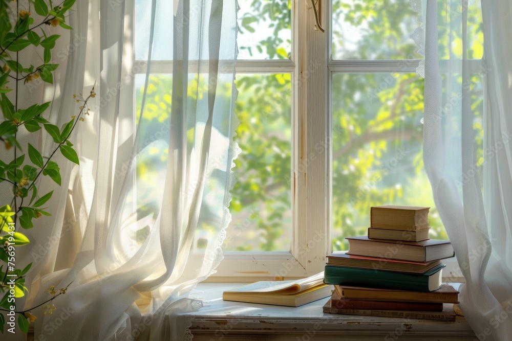 Breezy scene of an open window with sheer curtains, sunlight, and a stack of books on the windowsill. Breezy scene of an open window with sheer curtains, sunlight, and a stack of books on the windowsill.