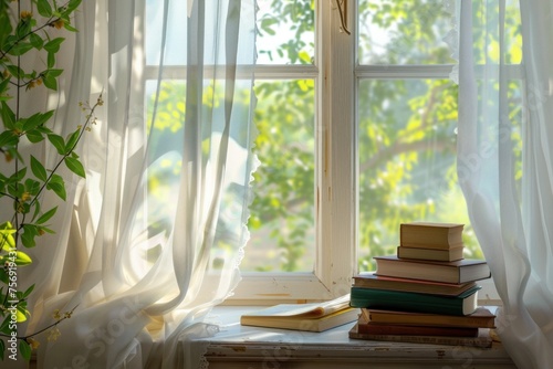 Breezy scene of an open window with sheer curtains, sunlight, and a stack of books on the windowsill. © evgenia_lo