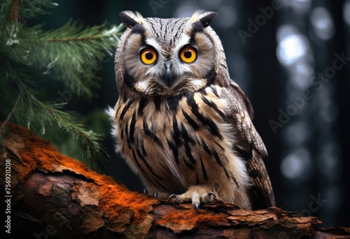 Photo of a diamond owl perched on a branch in an old growth forest. The creature has grey and white feathers with black stripes around its eyes.