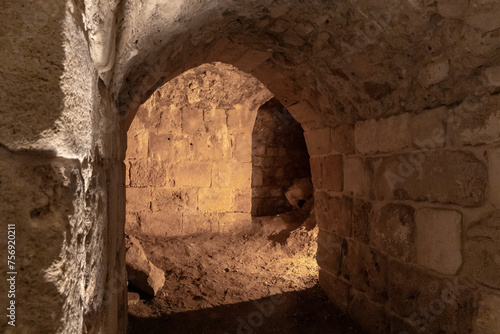 Ancient masonry of walls and tunnels from the time of the Crusaders at the Templar fortress in the Acre old city in northern Israel