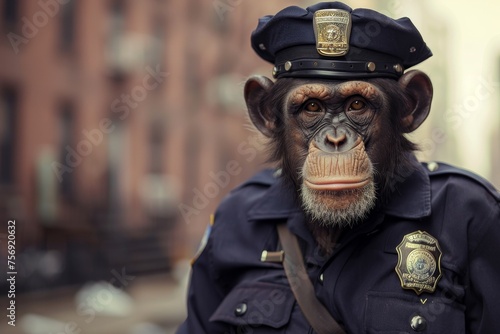 a monkey wearing a uniform and a badge, patrolling the streets and enforcing the law