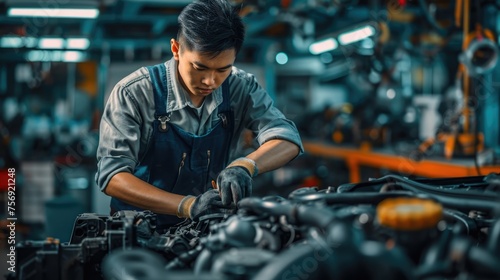 With meticulous attention to detail, the auto repair master expertly tends to a car engine at the forefront of the auto service, demonstrating unwavering dedication to automotive maintenance.