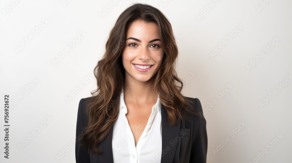 Portrait of a young smiling woman, likely of Middle Eastern descent, wearing a business suit with a white shirt. Portrait of a young smiling woman, likely of Middle Eastern descent, wearing a business suit with a white shirt.