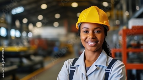 The warehouse scene is anchored by a woman in work attire and a helmet, her presence symbolizing competence and authority in the workplace.