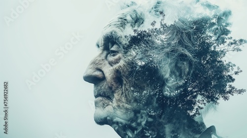 A old man sicks from Alzheimer's disease loses his memory and memories. Problems of Alzheimer's patients, helplessness and loss of mind. Medical assistance, family care © Natalia S.