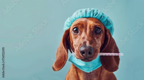 A dachshund dog dressed in a medical cap and mask holds a thermometer in its mouth to measure temperature. Veterinary clinic, pet health, animal care, consultation and treatment with a veterinarian photo