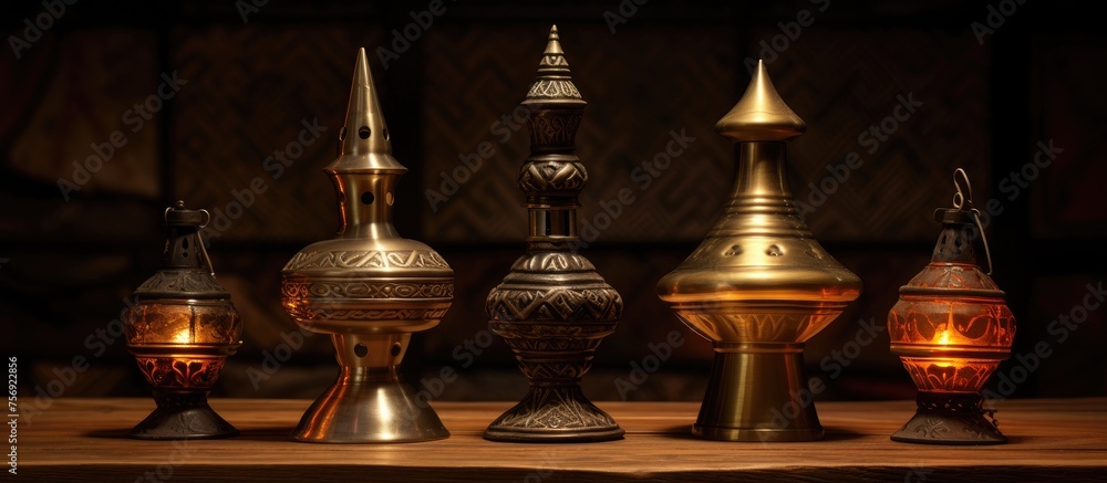 Obraz premium A collection of metal and wood candle holders displayed on a rustic wooden table, creating a symmetrical and artsy still life arrangement for a special event