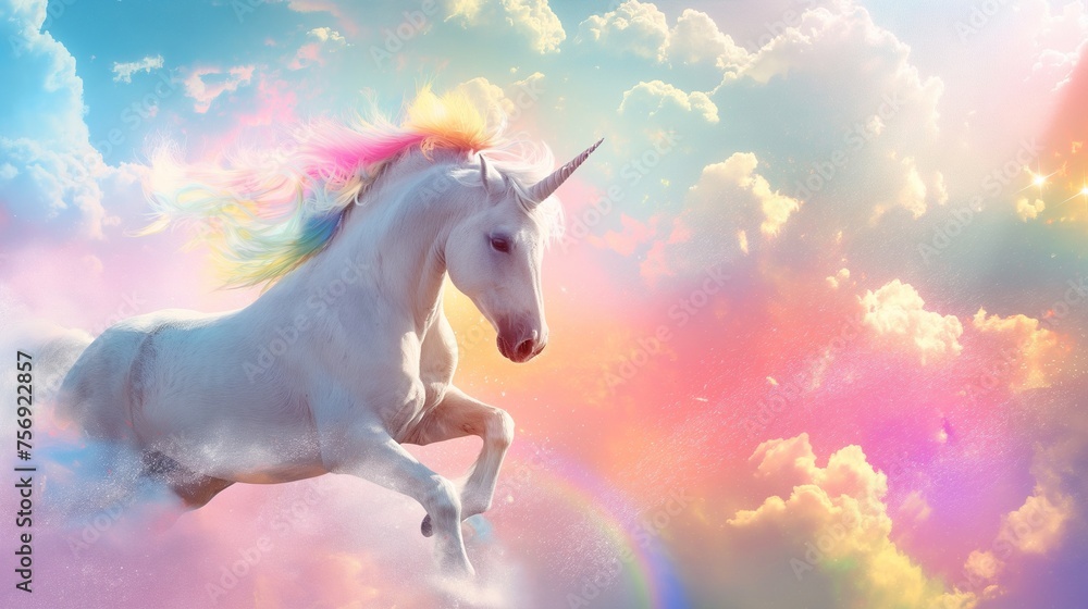 Fabulous beautiful white unicorn with a rainbow mane running cheerfully through the clouds - obrazy, fototapety, plakaty 