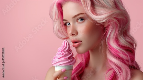A beautiful young woman with pink hair and an alluring look eats delicious swirled ice cream in a waffle cone