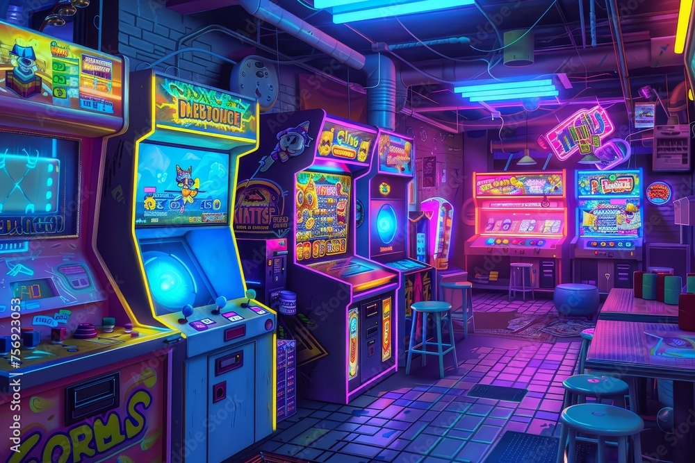 a neon arcade, with games and prizes a neon arcade, with games and prizes