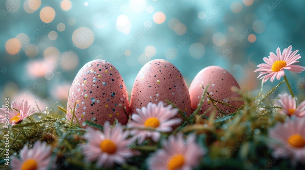 Easter eggs and flowers on green grass spring celebration concept Easter eggs and flowers on green grass spring celebration concept