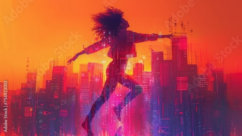 Portmann dancing out at a city skyline build out of cubic waveforms, drawings and sketches, in the style of collage-like compositions, complimentary neon colors 