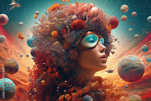 Abstract fine-art and pop-art illustration colorful collage of woman in surreal and abstract cosmic background. Surreal and minimalist looking illustrative art with many details and patterns
