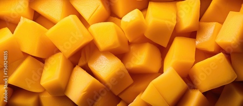 A closeup shot showcasing a stack of succulent mango slices, a versatile ingredient in various recipes. This tropical fruit is a natural and nutritious staple food