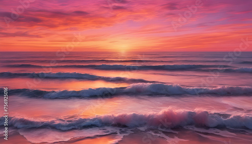 Stunning sunset and orange and pink hues spreading across the sky over a peaceful ocean horizon.